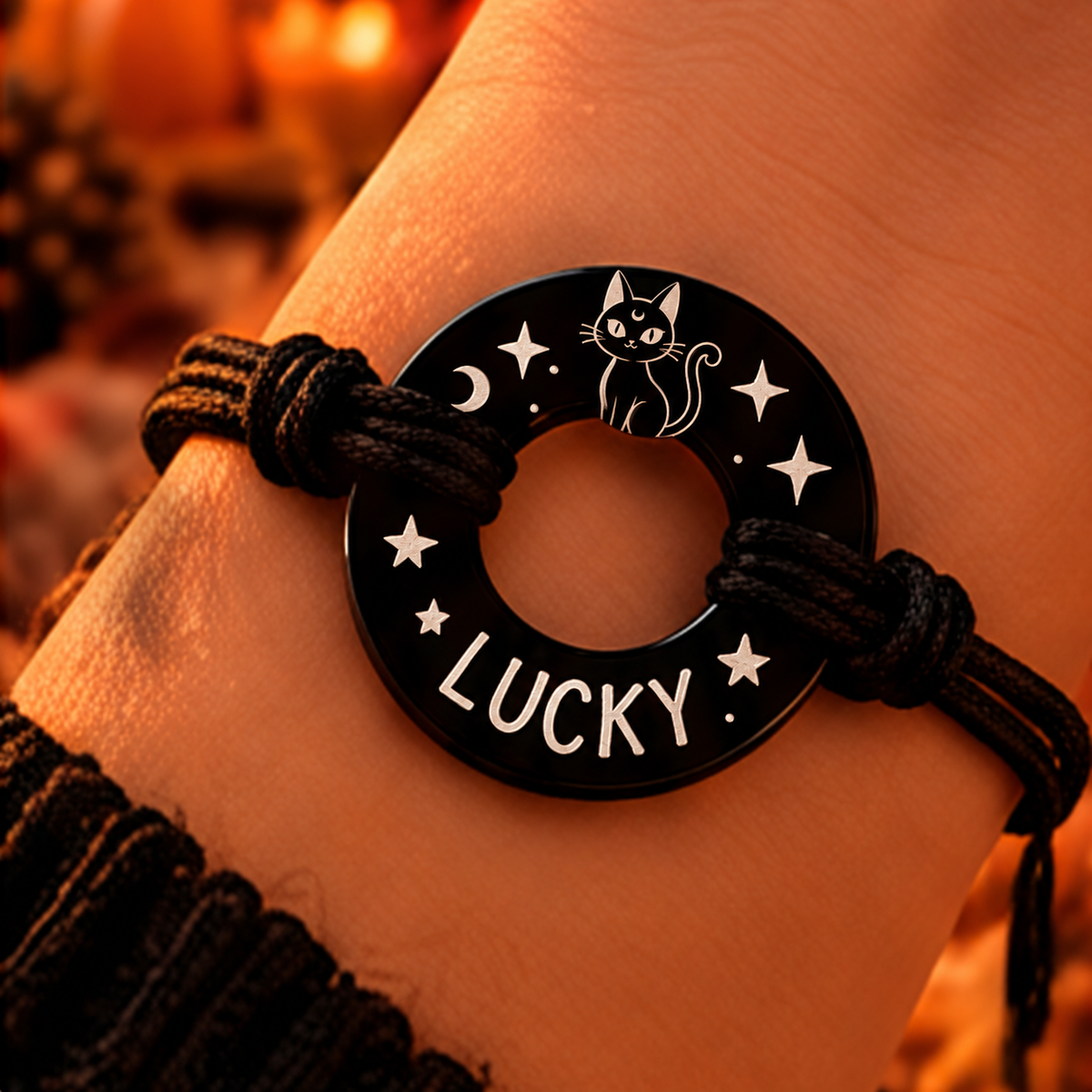 Black onyx LUCKY bracelet with cute cat, small star and moon engravings and black cord