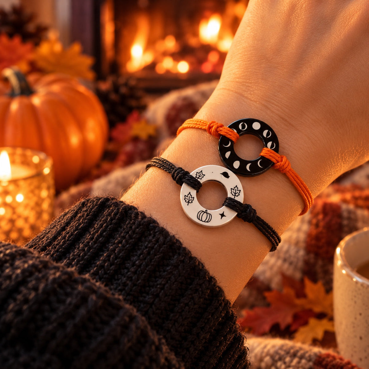 Fall-inspired Life Token bracelets with engraved moon phases and pumpkin details