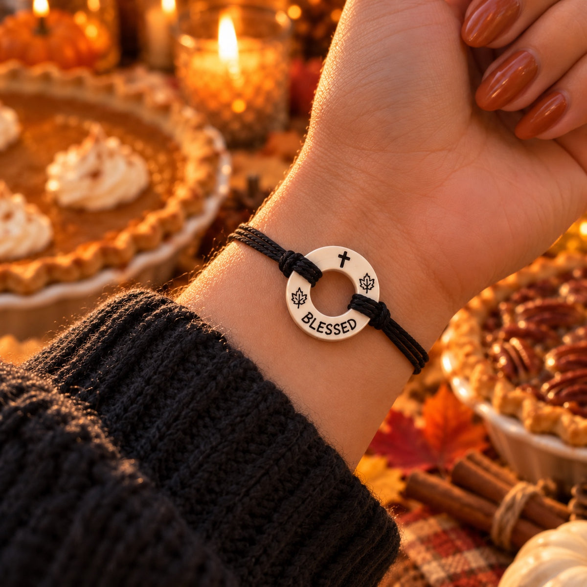 White Life Token engraved BLESSED with small cross and leaves on black cord by fall food