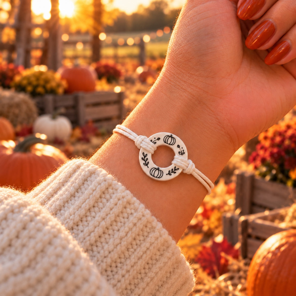 White Life Token bracelet with black pumpkin outline engravings and white cord at pumpkin patch
