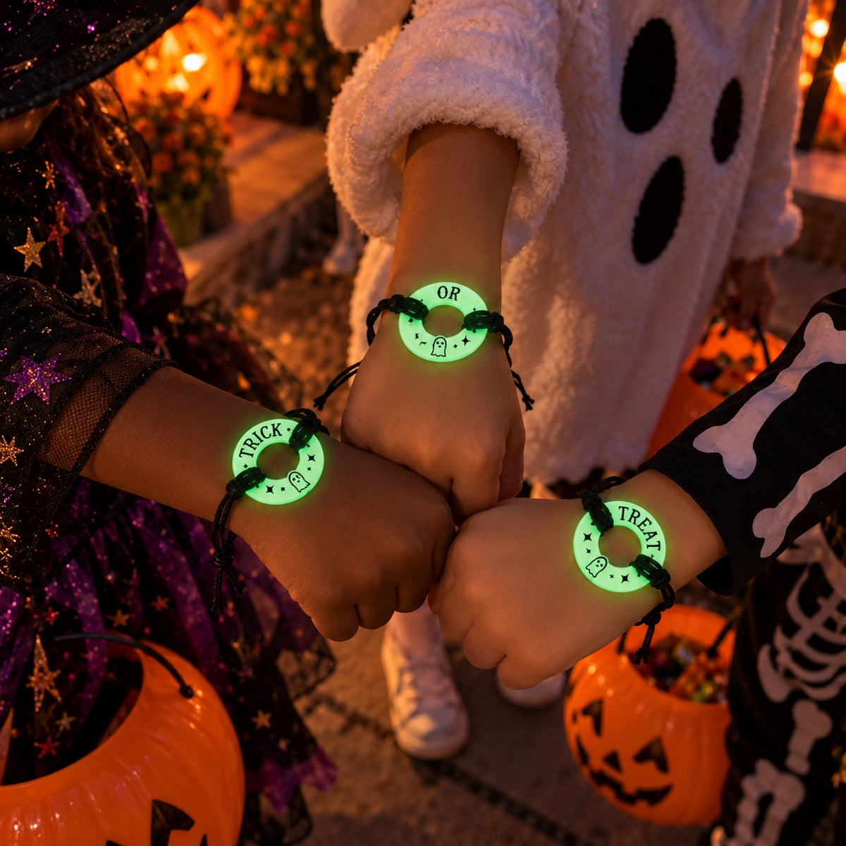 Three kids wearing TRICK, OR and TREAT glowing green Life Token bracelets with tiny ghost engravings