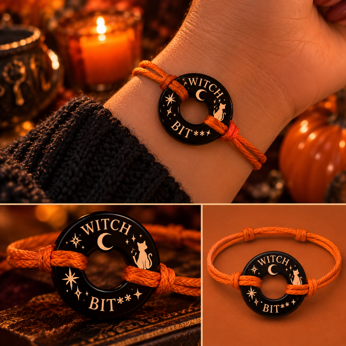 Three views of WITCH BIT** onyx Life Token bracelet Halloween concept